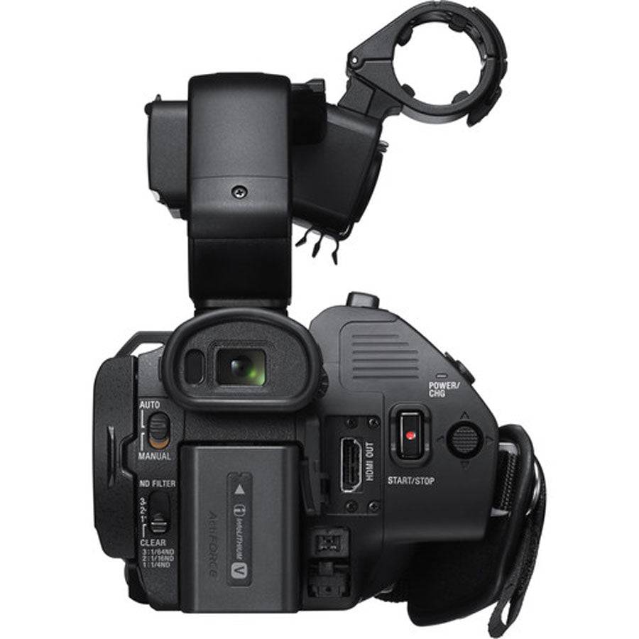 Sony HXR-NX80 4K NXCAM camcorder showing rear view with HDMI and battery port, featuring HDR and Fast Hybrid autofocus. – image 3
