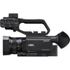 Sony HXR-NX80 4K NXCAM camcorder with front view, HDR recording, and fast hybrid autofocus for professional video shooting.