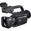 Sony HXR-NX80 4K NXCAM camcorder with HDR and fast hybrid autofocus, shown with lens and control buttons.