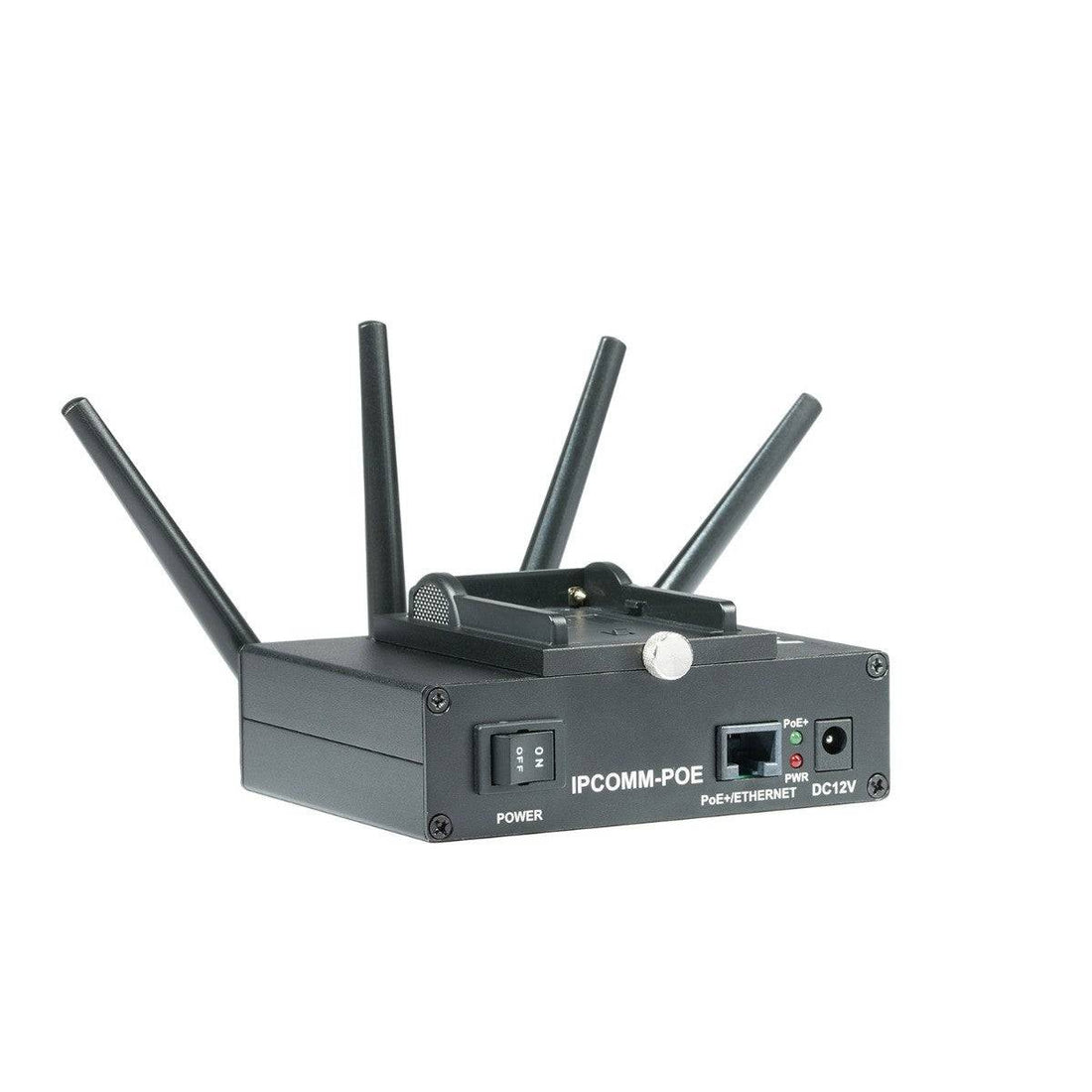 AIDA Imaging IPCOMM-POE wireless video transmitter and controller with PoE+ ports, shown mounted on a wall with cables. – image 5