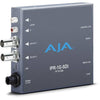 AJA IPR-1G-SDI video converter converting IP video signals to 3G-SDI output, shown with front view of device and ports.