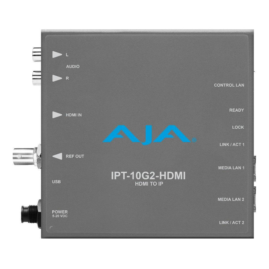 AJA IPT-10G2-HDMI HDMI to SMPTE ST 2110 video and audio converter device with ports and display screen visible. – image 1