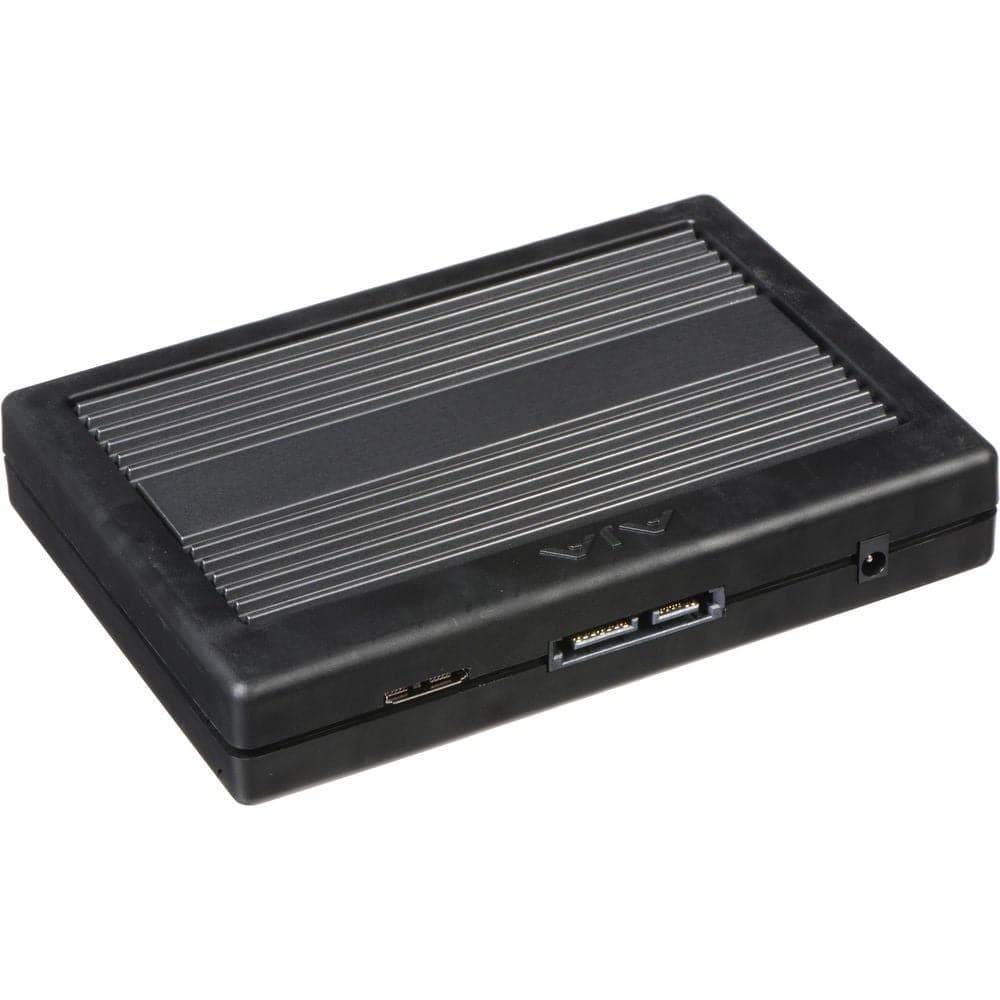 AJA 500GB KiStor hard disk drive for Ki Pro storage system, shown with USB connection port and sleek black casing. – image 1