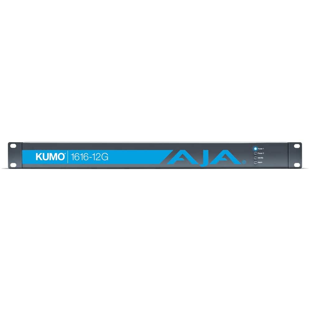 AJA KUMO 1616 Compact 12G-SDI Video Router front view showing input and output ports on a 1 RU rack-mount device. – image 1