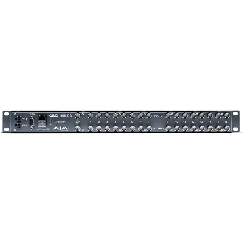 Rear view of AJA KUMO 1616 Compact 12G-SDI Video Router with multiple SDI input and output ports in a 1 rack unit size. – image 2