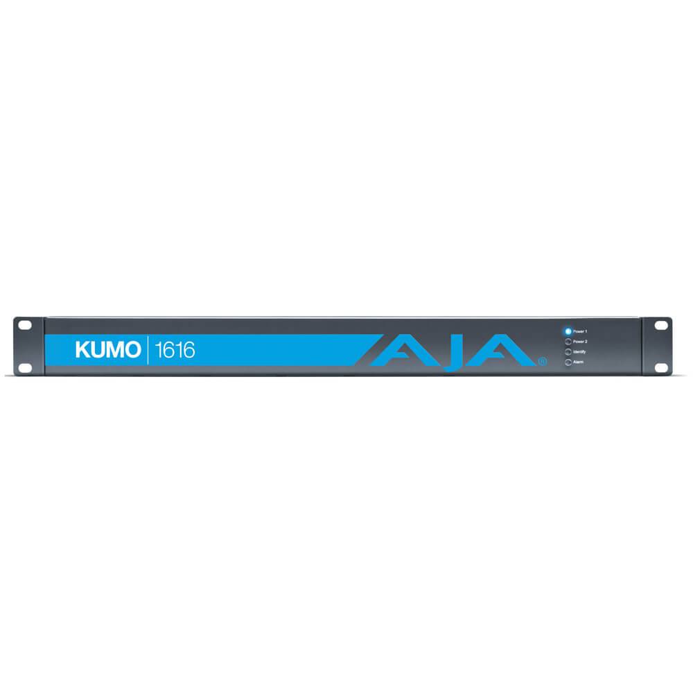 AJA KUMO 16x16 SDI video router with front view, showing multiple SDI input and output ports and built-in power supply. – image 1