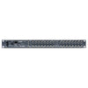 Rear view of AJA KUMO 16x16 compact SDI video router with power supply showing input and output ports.