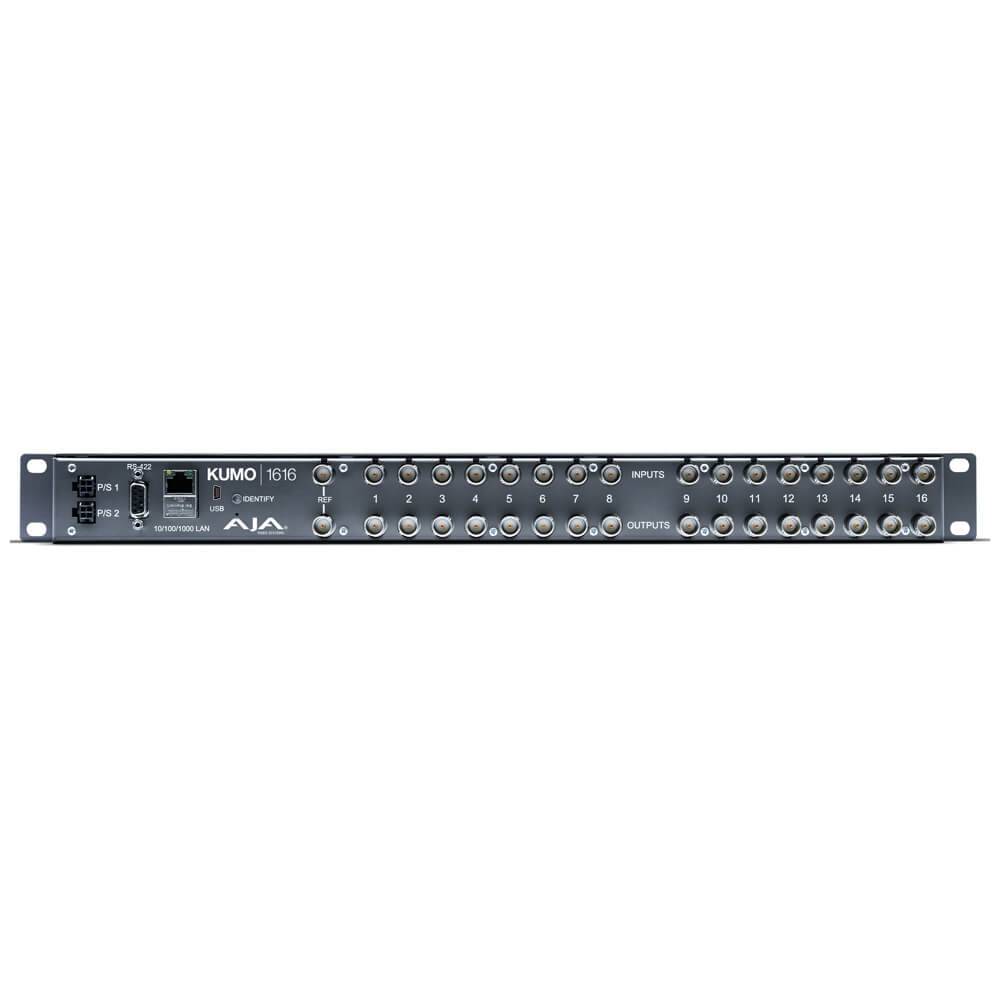 Rear view of AJA KUMO 16x16 compact SDI video router with power supply showing input and output ports. – image 2