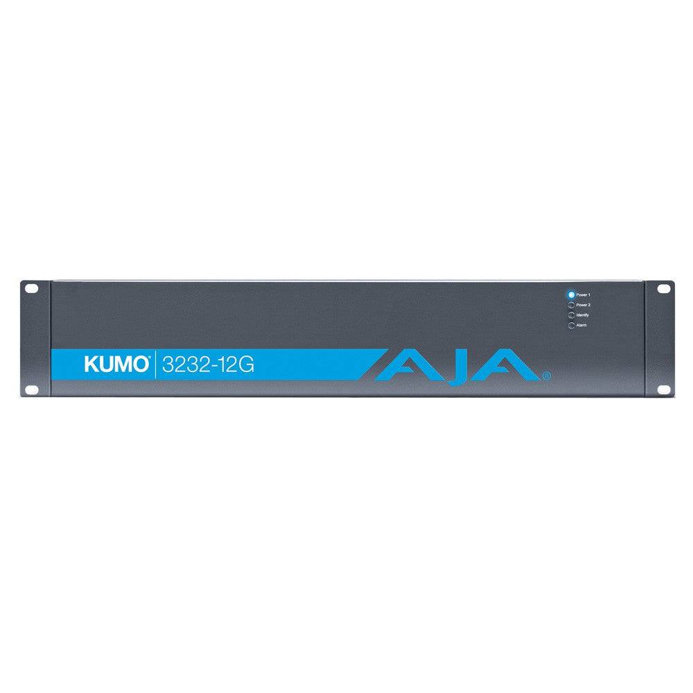AJA KUMO 32x32 compact SDI video router with front view, showing input/output ports and power supply connection. – image 1