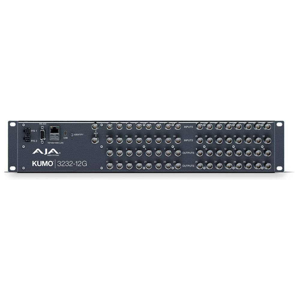 AJA KUMO 32x32 Compact SDI Video Router with power supply, rear view showing input and output ports. – image 2