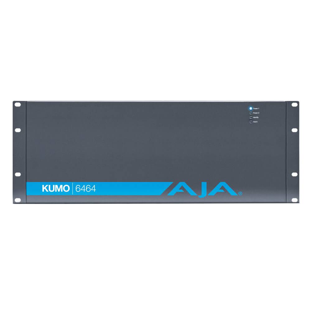 AJA KUMO 64x64 Compact 3G-SDI SDI Router front view showing switches and connection ports for professional video signal routing. – image 1