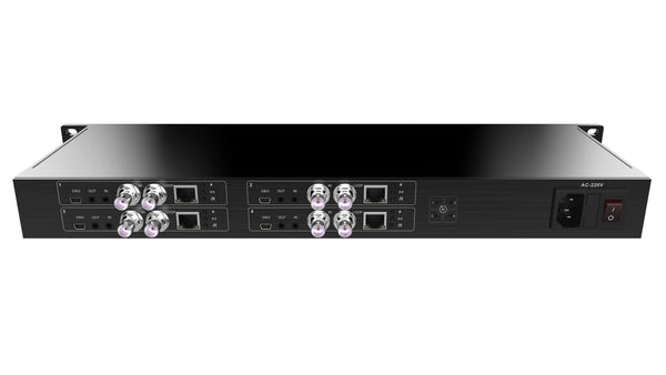 Kiloview Quad SDI video encoding module with NDI support mounted in a 1U rack for professional production use – image 2