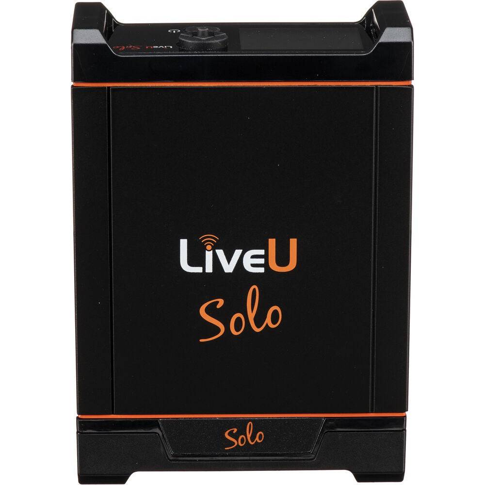 Front view of LiveU Solo HDMI streaming encoder showing HDMI input port and control buttons on the compact device. – image 3