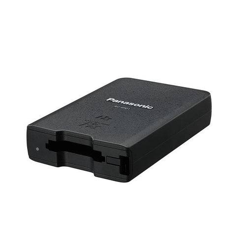Panasonic USB 3.0 memory card drive for P2, MicroP2, and ExpressP2 cards, shown connected to a computer for video camera data transfer. – image 1