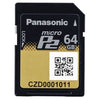 Panasonic 64 GB MicroP2 memory card for video cameras, showing the compact storage device with branding and label details.