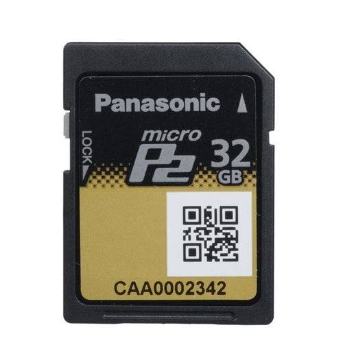 Panasonic 32 GB MicroP2 memory card for video cameras, showing the compact storage device with branding and capacity details. – image 1