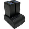 IDX System MC-2U dual-channel charger for Sony BP-U batteries, shown with batteries for professional video camera power.