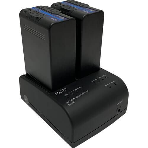 IDX System MC-2U dual-channel charger for Sony BP-U batteries, shown with batteries for professional video camera power. – image 3
