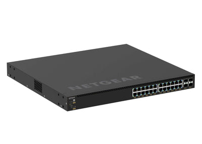 Netgear M4350 GSM4328 28-port managed switch with 24 Gigabit POE+ ports, 4 SFP+ ports, and 648W power supply.