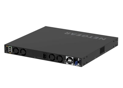 Netgear M4350 GSM4328 managed switch with 28 ports, 24 Gigabit POE+ ports, 648W power, and 4 SFP+ ports in a sleek black design.