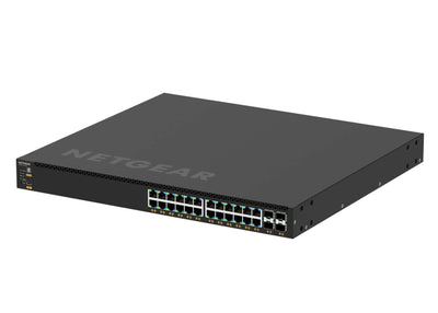Netgear M4350 GSM4328 28-port managed switch with 24 Gigabit PoE+ ports, 648W power, and 4 SFP+ uplink ports.