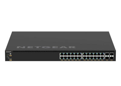 Netgear M4350 GSM4328 28-port managed switch with 24 Gigabit POE+ ports, 4 SFP+ uplink ports, back view.