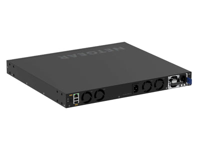 Netgear M4350 GSM4328 28-port managed switch with 24 Gigabit PoE+ ports, 4 SFP+ ports, and rear view of ports and connections.