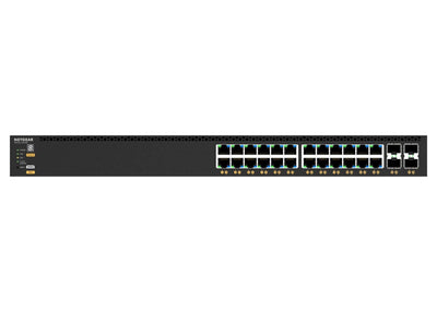 Netgear M4350 GSM4328 28-port managed switch with 24 Gigabit PoE+ ports, 4 SFP+ ports, and 648W power supply.