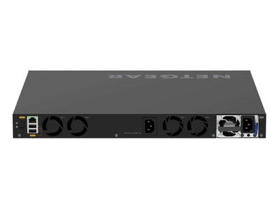Netgear M4350 GSM4328 28-port managed switch with 24 Gigabit POE+ ports, 648W power, and 4 SFP+ ports for networking.