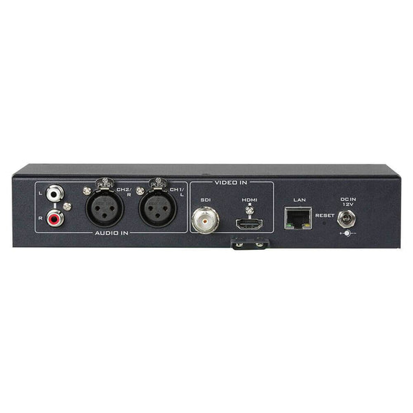 Rear view of Datavideo NVS-35 dual streaming encoder and recorder, showcasing connection ports and control panel on production equipment. – image 2