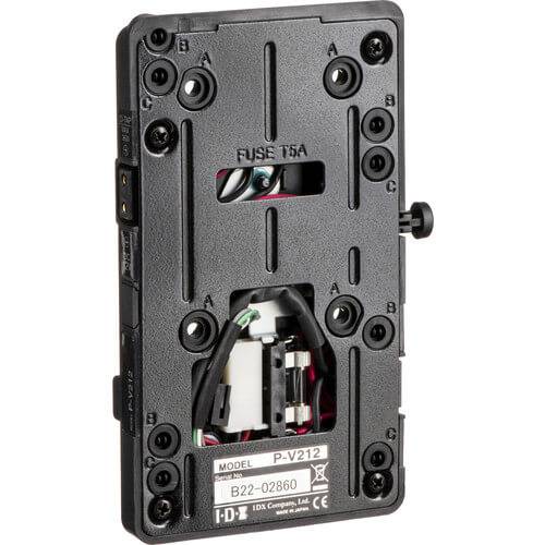 IDX System Technology P-V212 V-Mount Adapter Plate with Regulated 12V D-Tap for video cameras, shown from the back. – image 2