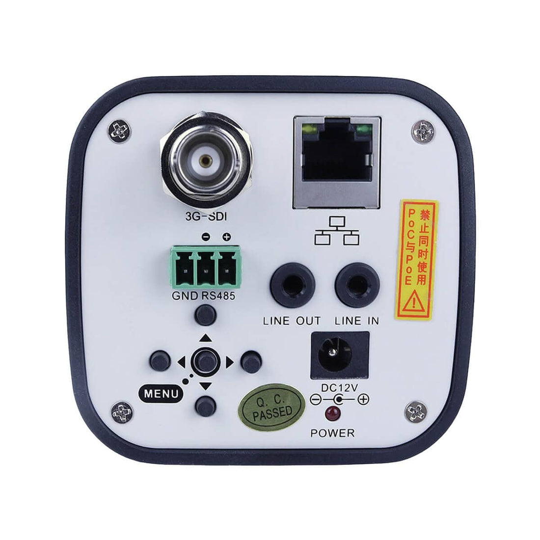 PTZOptics 12X-ZCAM 1080p box camera with 12x zoom lens, shown from the back, featuring control ports and adjustable settings. – image 2