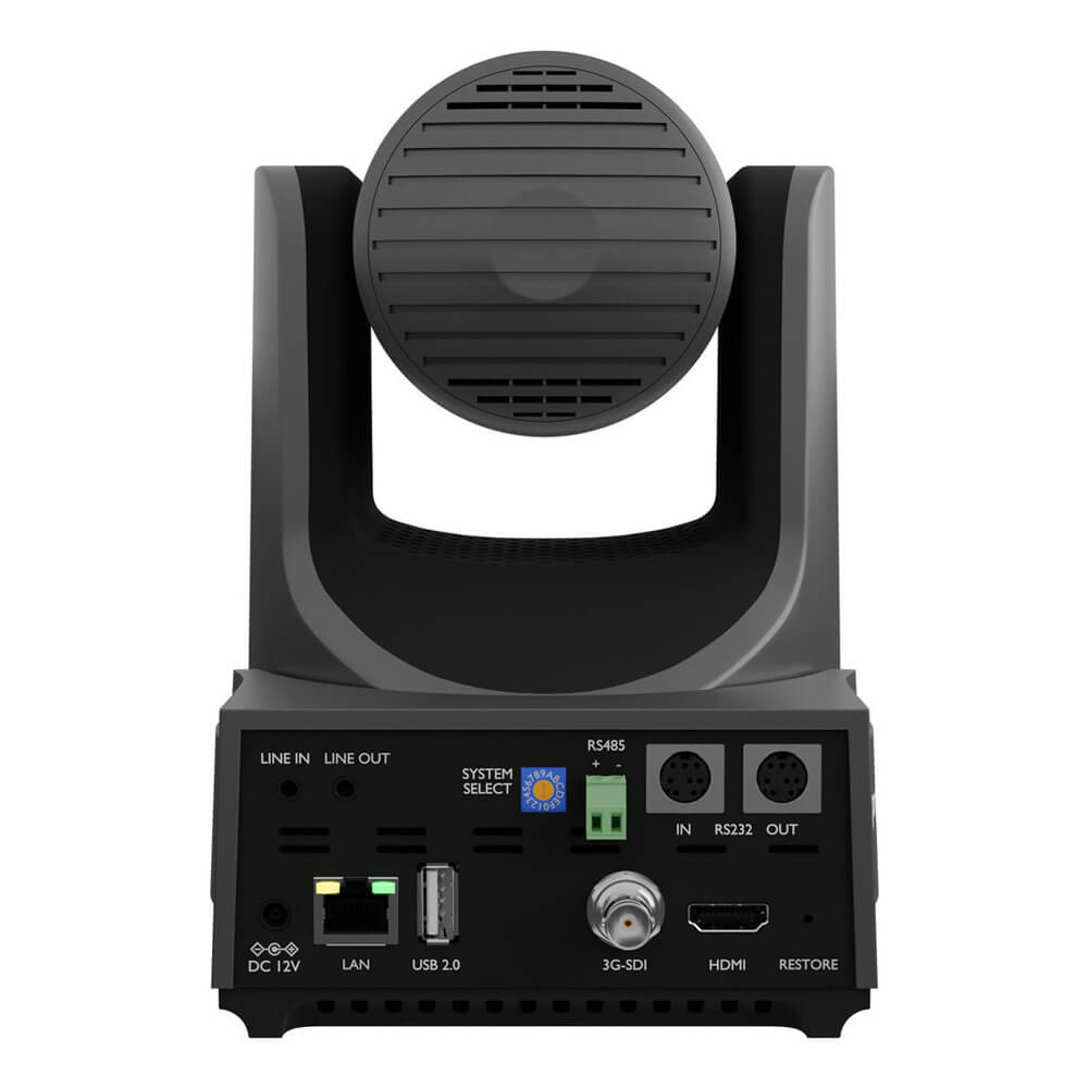 PTZOptics Link 4K PTZ camera with 20x optical zoom, gray, rear view showing SDI, HDMI, USB, and IP connectivity ports. – image 2
