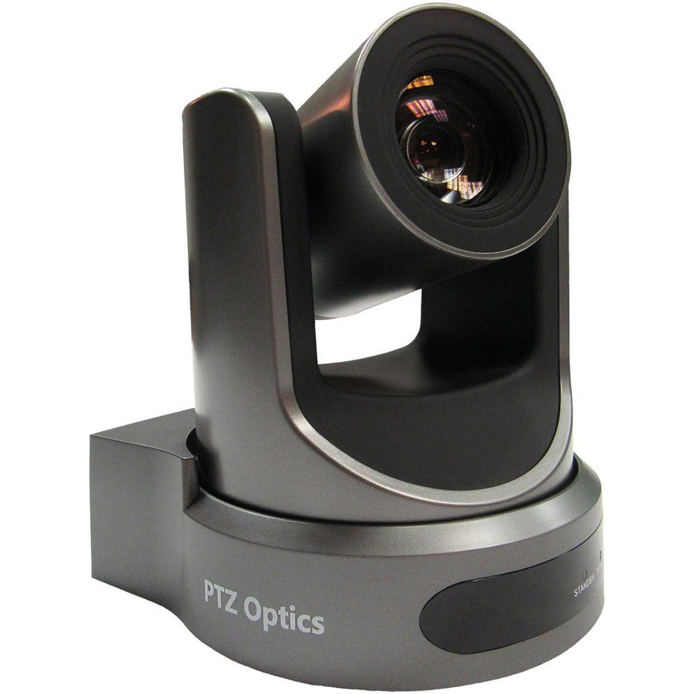 Gray PTZOptics 20X-NDI broadcast and conference camera with lens, tripod mount, and control buttons for professional video production – image 1