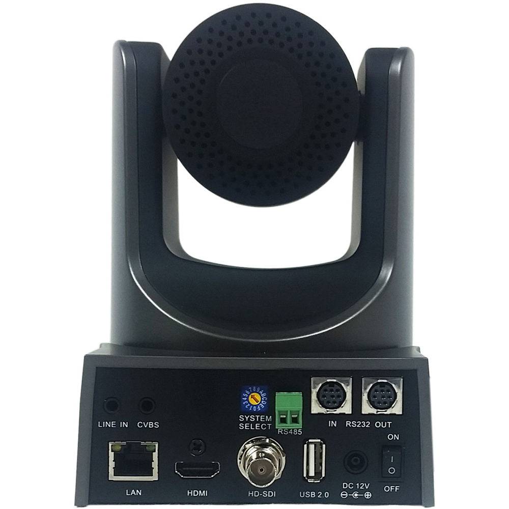 PTZOptics 20X-NDI gray PTZ camera with lens, mounting bracket, and control port for broadcast and conference use. – image 3