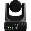 Gray PTZOptics Move SE 30x zoom PTZ camera with adjustable pan, tilt, and zoom controls, shown from the back.