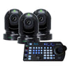 BirdDog 3x P200 NDI PTZ cameras bundle with black controller and PTZ cables, showing the main controller and camera connections.