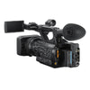 Sony PXW-Z280 4K XDCAM handheld camcorder shown from the back, featuring LCD screen, buttons, and ergonomic design.
