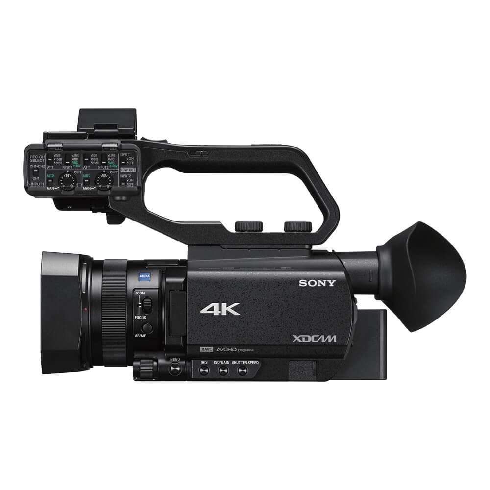 Side view of Sony PXW-Z90V 4K HDR XDCAM camcorder showcasing its compact design and professional lens setup. – image 4