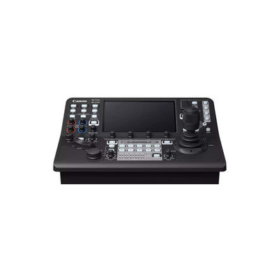 Canon RC-IP1000 remote PTZ camera controller with multiple control buttons and display screen for professional video camera operation.