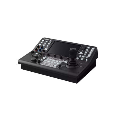 Canon RC-IP1000 remote PTZ camera controller with front-angle view, featuring multiple control buttons and ergonomic design.