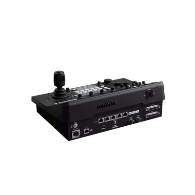 Canon RC-IP1000 remote PTZ camera controller shown from rear angle with multiple control buttons and connection ports.