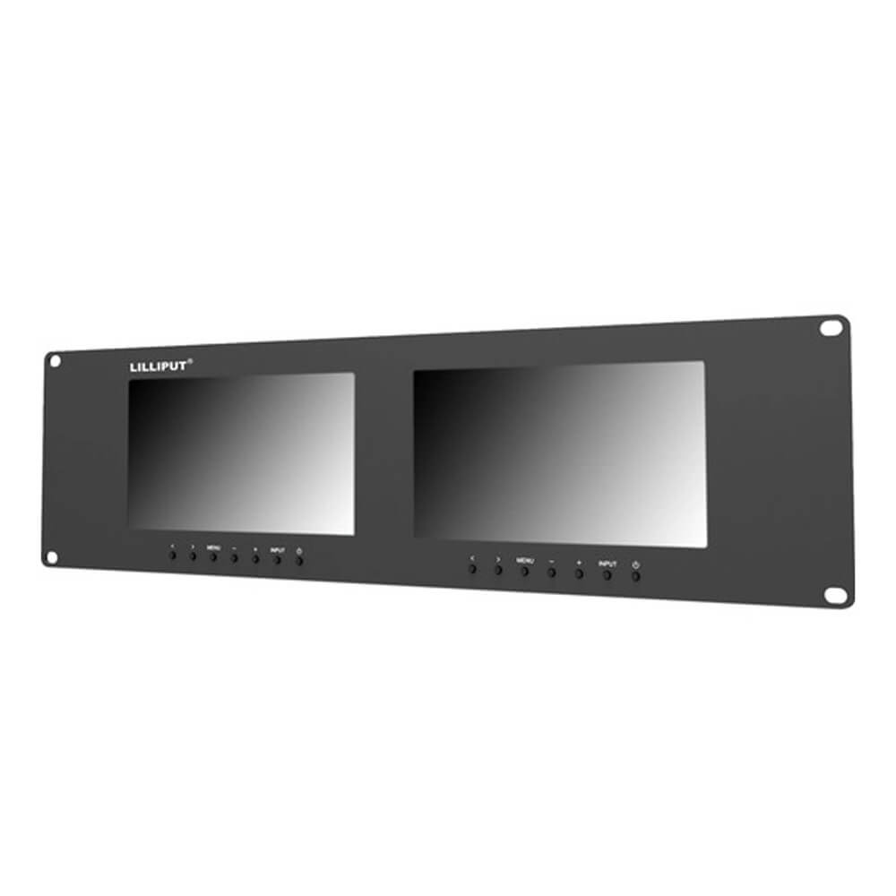 Lilliput RM-7024 Dual 7-inch DVI rackmount IPS monitors, front view showing dual screens and control buttons for production use. – image 1