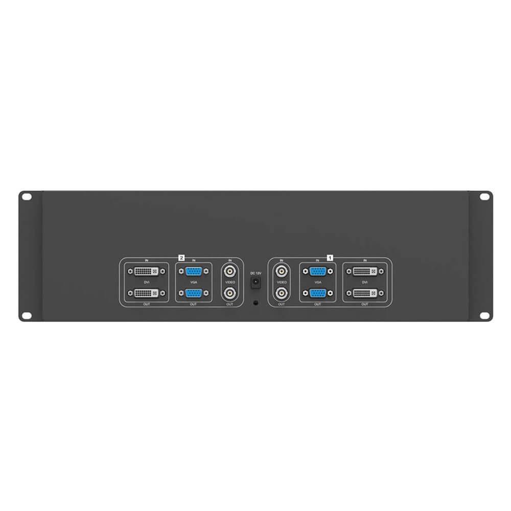 Rear view of Lilliput RM-7024 Dual 7-inch DVI rackmount IPS monitors, showing connectivity ports and mounting features. – image 2