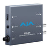 AJA ROI-DP DisplayPort to SDI video converter with ROI scaling feature, showing the device connected to a monitor.