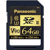 Panasonic RP-SDZA64G 64GB UHS-II SDXC memory card for video cameras, showing the card with its label and storage capacity.