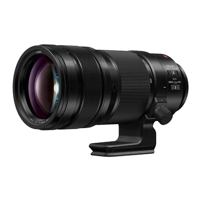 Panasonic Lumix S PRO 70-200mm f/2.8 lens with O.I.S. showing the front and side view, detailed glass elements and lens barrel.