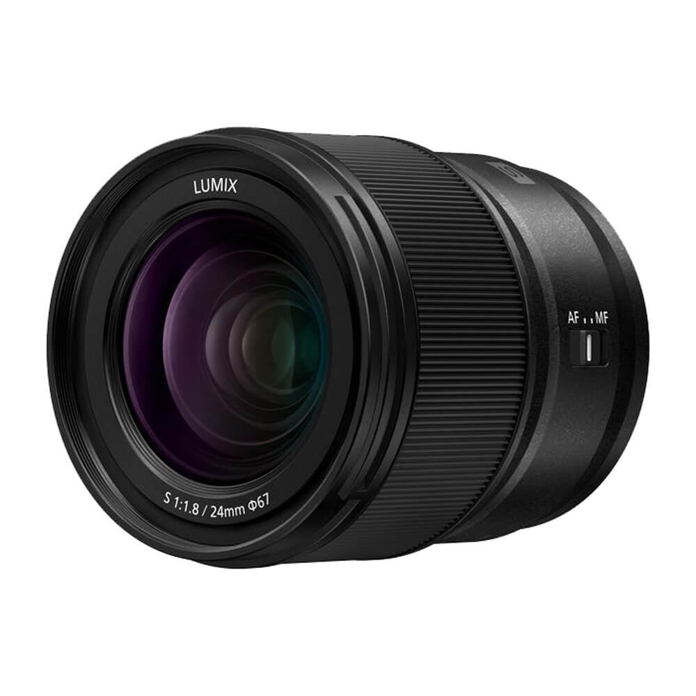 Panasonic Lumix S 24mm f/1.8 L-Mount lens with front element and aperture blades visible, designed for mirrorless camera photography. – image 1