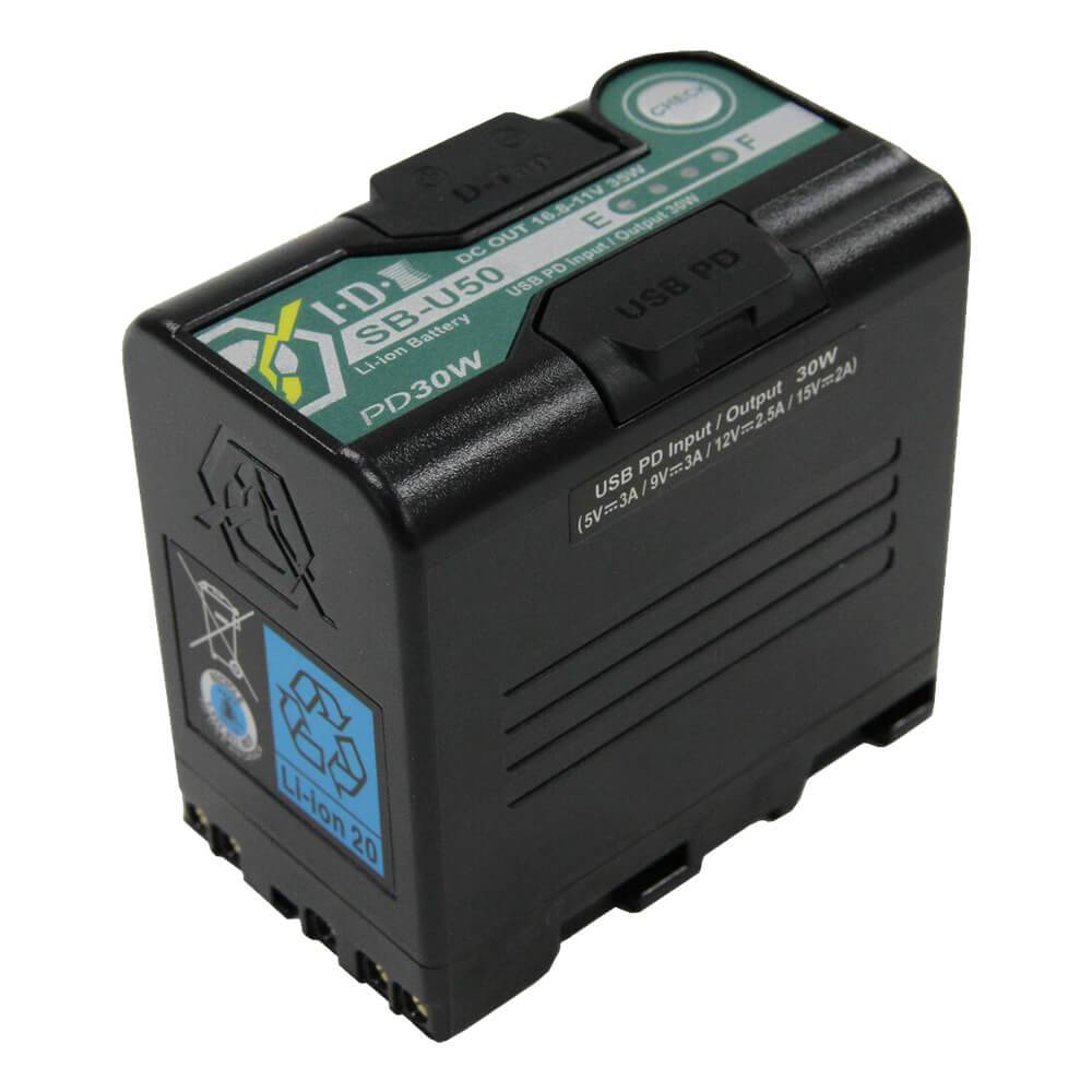IDX System SB-U50 PD Sony BP-U lithium-ion battery for video cameras, 14.4V, 48Wh, shown connected to a professional camera. – image 1