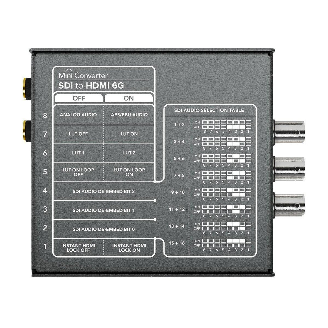 Blackmagic Design SDI to HDMI 6G Mini Converter showing SDI and HDMI ports on a compact video converter device. – image 2